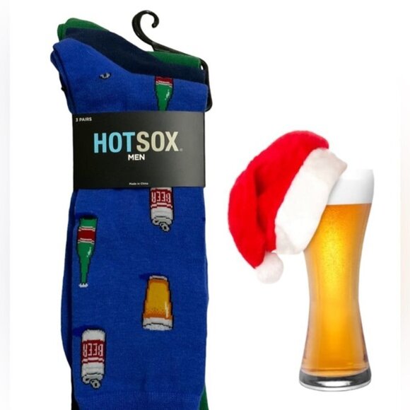 Hot Sox Beer Beverage Men's Dress Socks 10-13 Gift Blue Green Gift Pack 3 Pieces - Picture 1 of 13